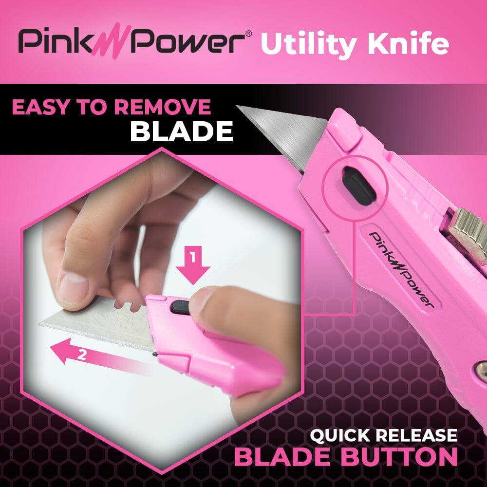 Pink Power Pink Box Cutter Retractable, Pink Utility Knife for Carpet, Box Cutter Knife Heavy Duty with 3 Blades and Storage Compartment - Box Opener Pocket Utility Pink Knife Tools for Women - 5 Pack