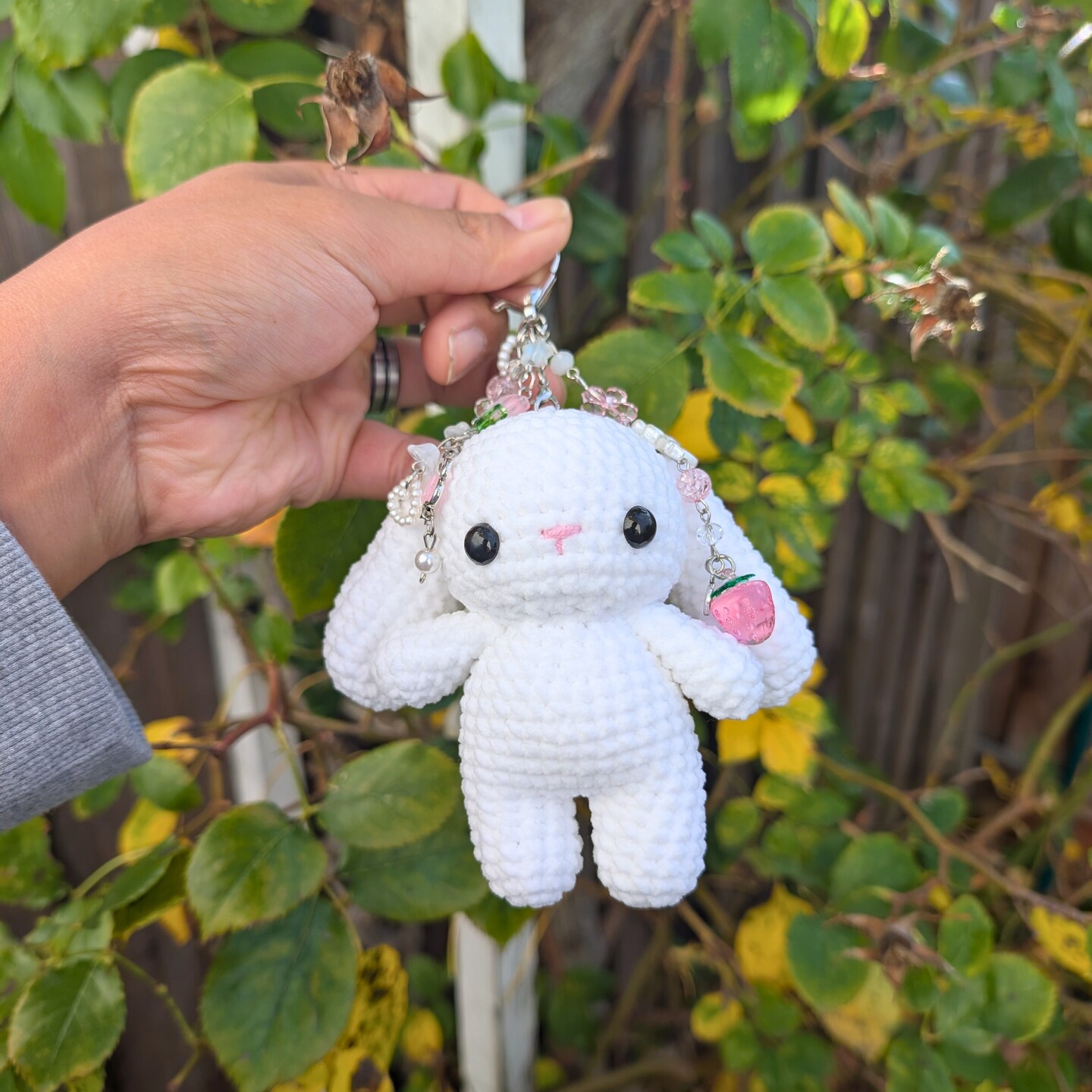 Bunny Crochet Plush Keychain with Strawberry Charm | Handmade