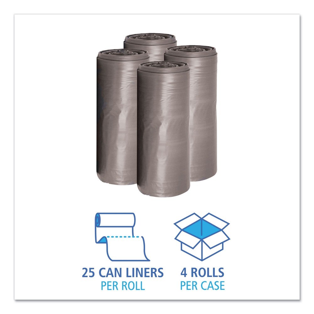 Boardwalk 33 Gallon 1.1 mil 33 in. x 39 in. Perforated Roll Low-Density Can Liners - Gray (25 Bags/Roll, 4 Rolls/Carton)