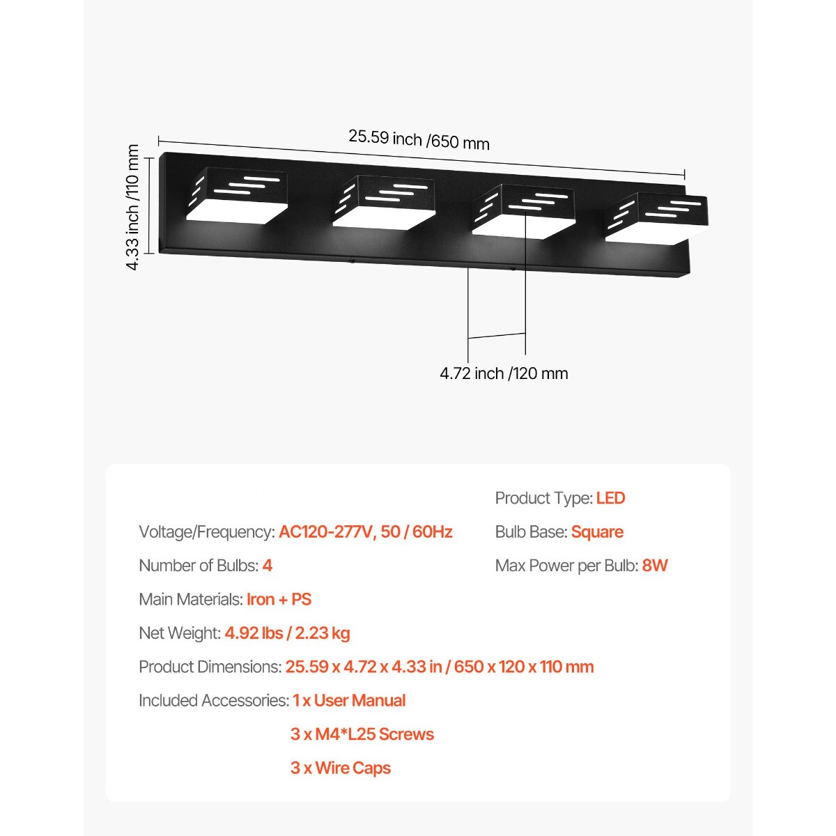 4-Light Black LED Bathroom Vanity Light Fixture, 32W Modern Waterproof Wall Sconce with 360° Rotatable Heads