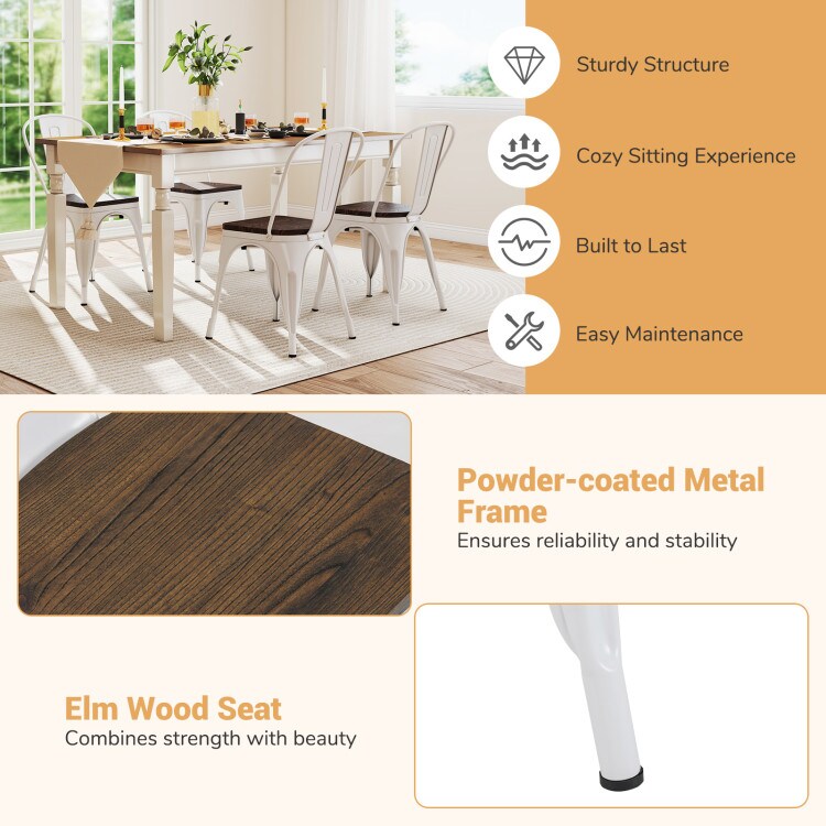 Set of 4 Metal Dining Chairs with Wood Seat and Detachable High Back