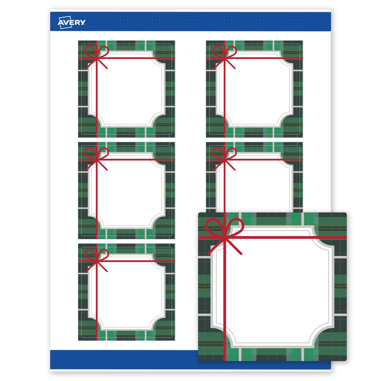 Avery Printable Labels with Sure Feed Technology, Square, 3" x 3", Pre-Printed Green & Metallic Silver Plaid with Red Bow Design, Matte White, Laser & Inkjet Compatible, 60 Total