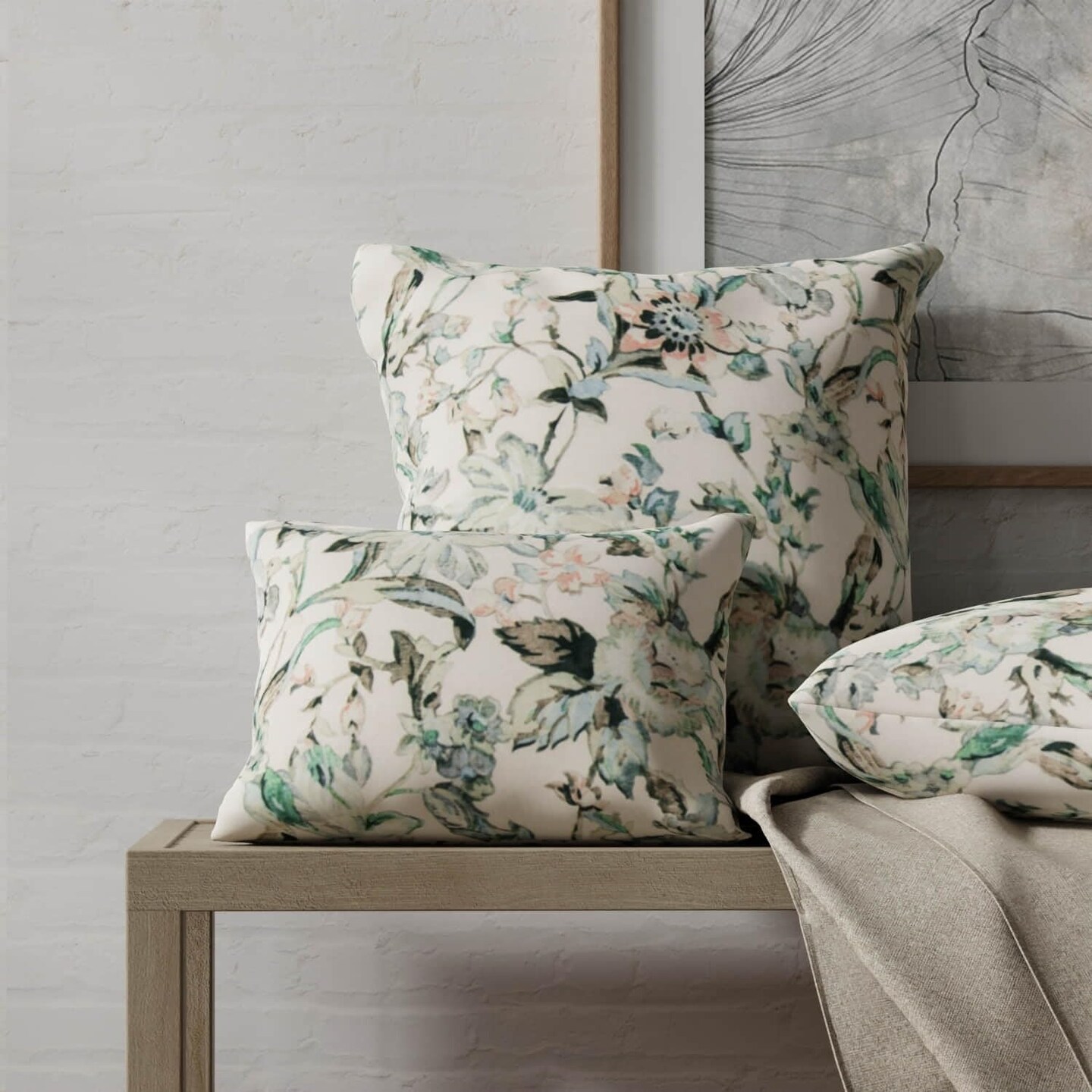 Aqua Stain Resistant Performance Pet Friendly Abstract Floral Linen Look Print Upholstery Fabric by The Yard - SKU: Titus Seacrest