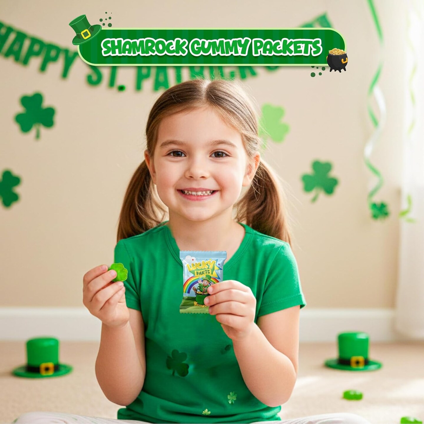 4E's Novelty St. Patrick's Day Lucky Farts Shamrock Gummies - 30 Individually Wrapped Bags (5 Pieces Each) Hilarious Green Gummy Candy for Party Favors, Fun St Patty's Day Treats & Kids Snacks