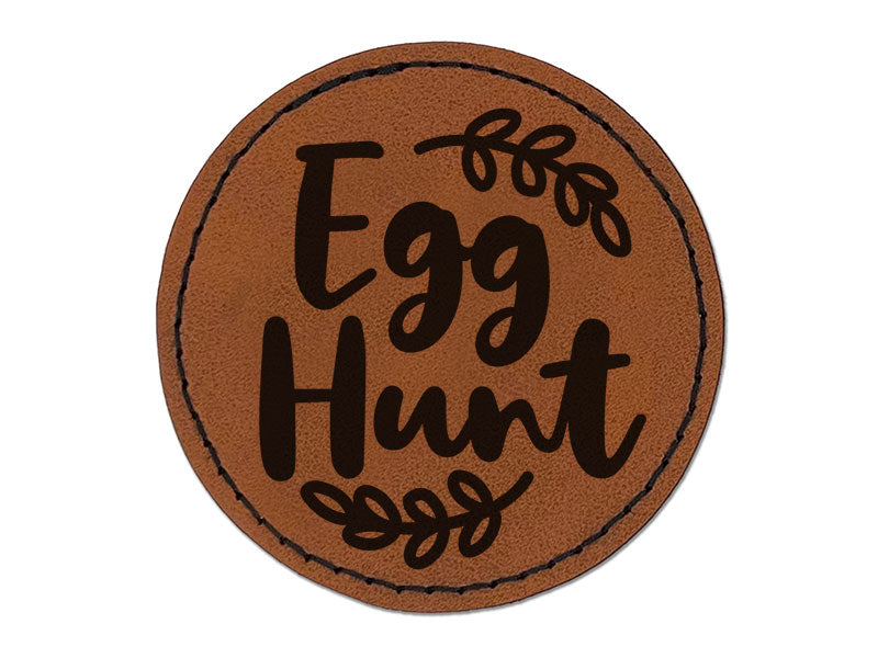 Egg Hunt Easter Sunday Cursive Text with Wreath Round Iron-On Engraved Faux Leather Patch Applique - 2.5 Inch