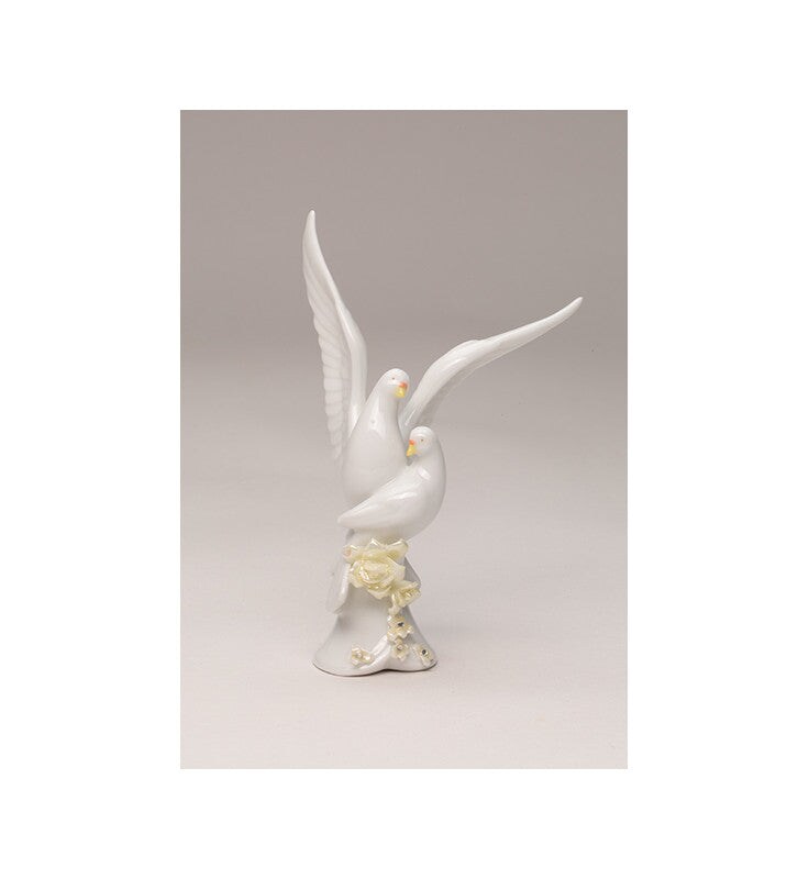Ceramic Double Doves with Ivory Flowers Figurine, Wedding Table Decor, Wedding Cake Topper, Gift for Her