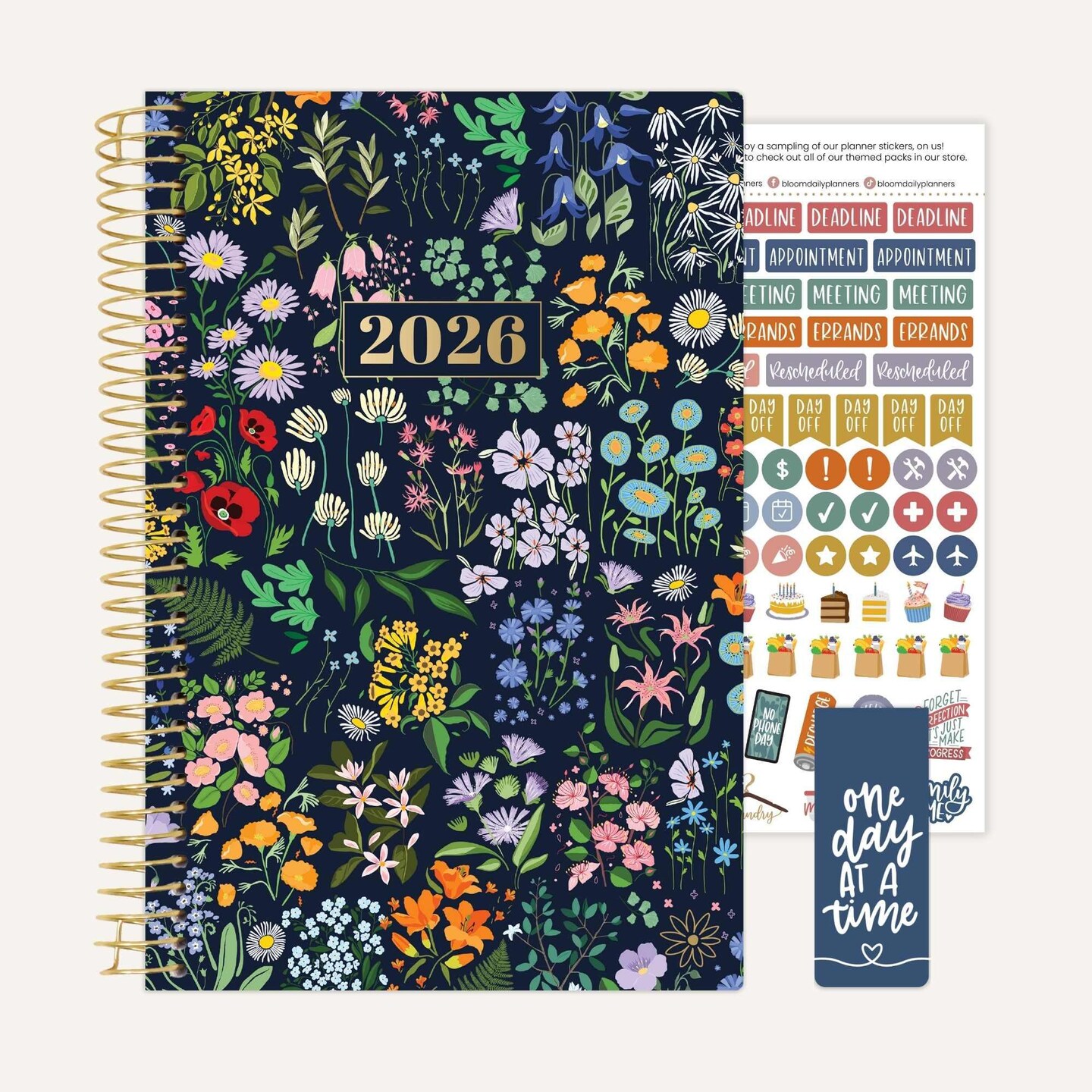 bloom daily planners 2026 Soft Cover Weekly & Monthly Planner, 5.5" x 8.25", Garden Party, Navy