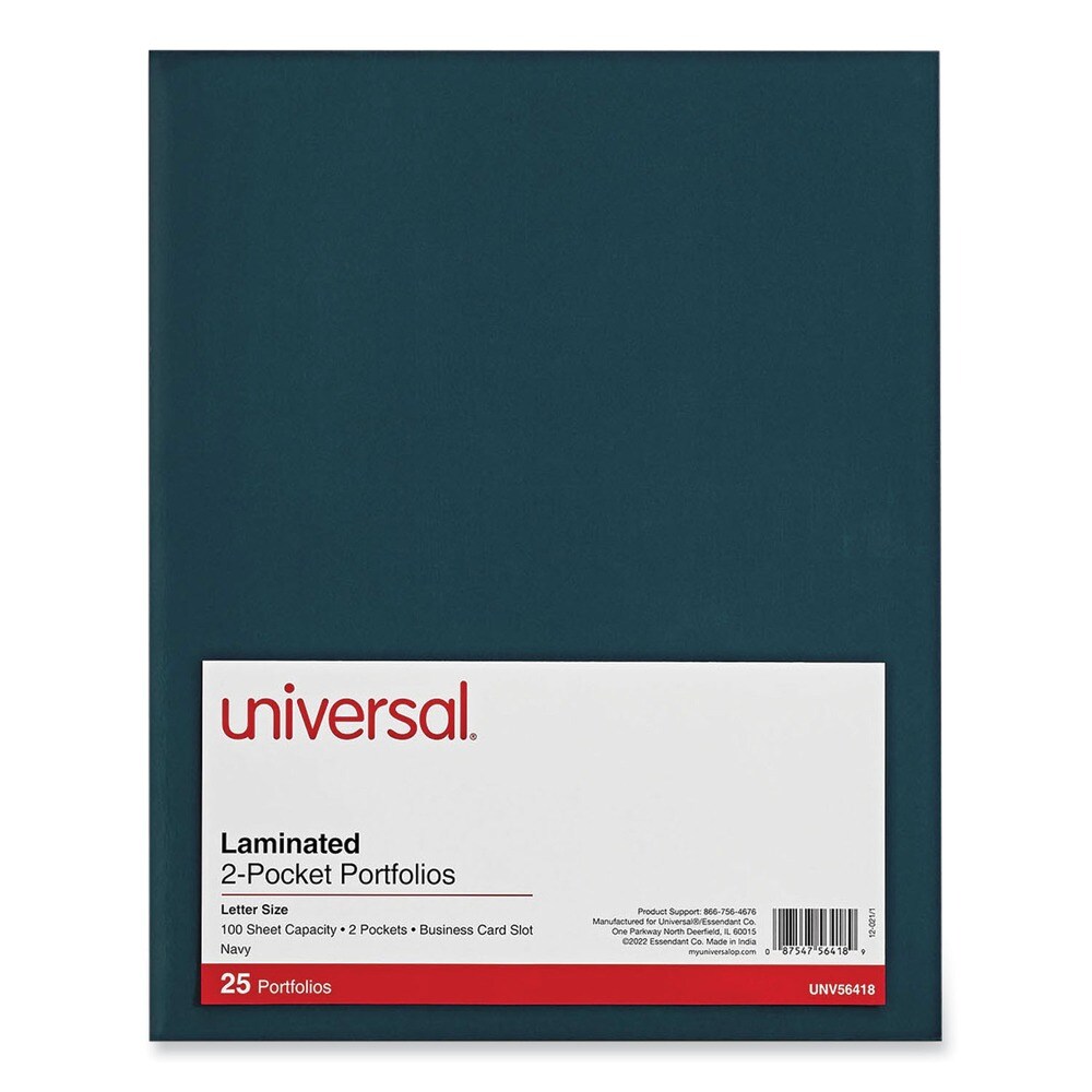 Universal 11 in. x 8-1/2 in. Cardboard Paper, Laminated Two-Pocket Folder - Navy (25/Pack)