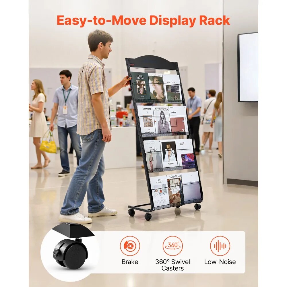 4-Tier Magazine & Brochure Display Stand with Wheels Heavy Duty Floor Rack for Catalogs Papers