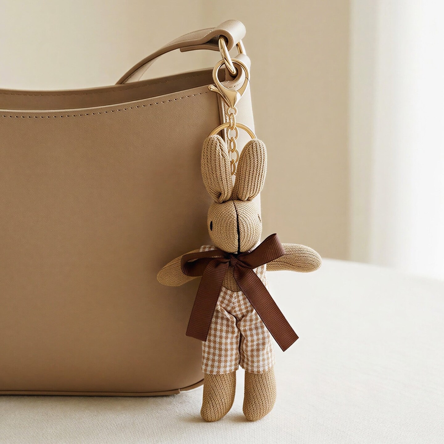 Wrapables Cute Plush Keychain Pendant Charm for Bag, Gingham Bunny