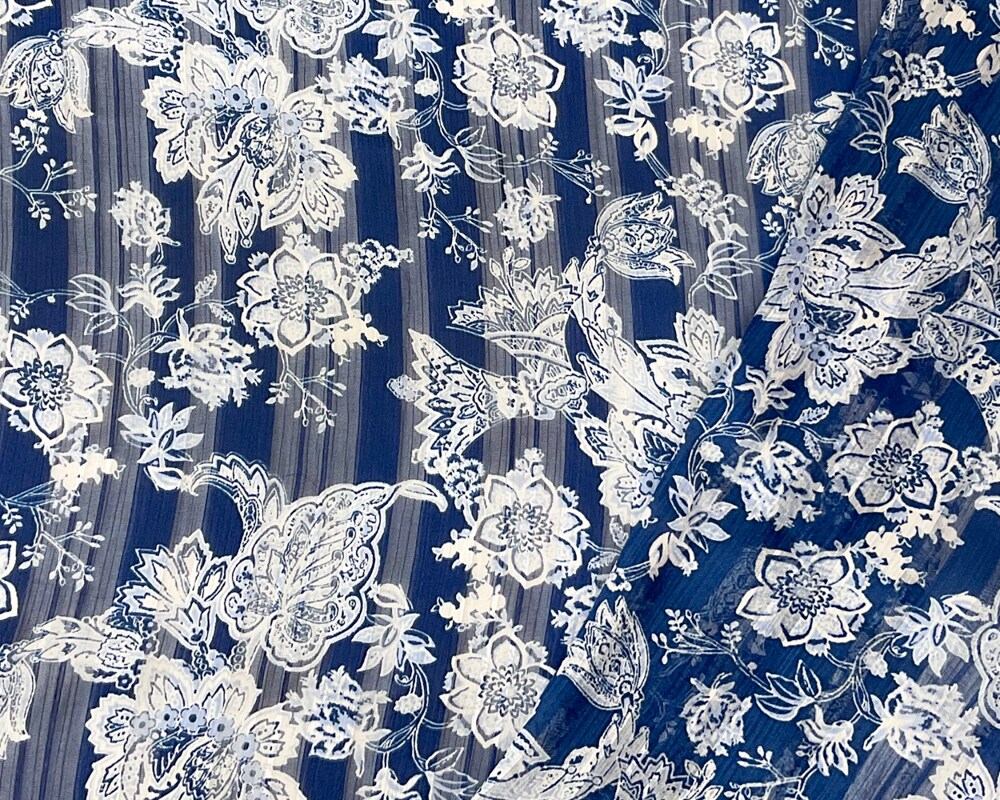 Blue-White Poly Floral Printed Satin Stripe Chiffon Woven Fabric By the Yard