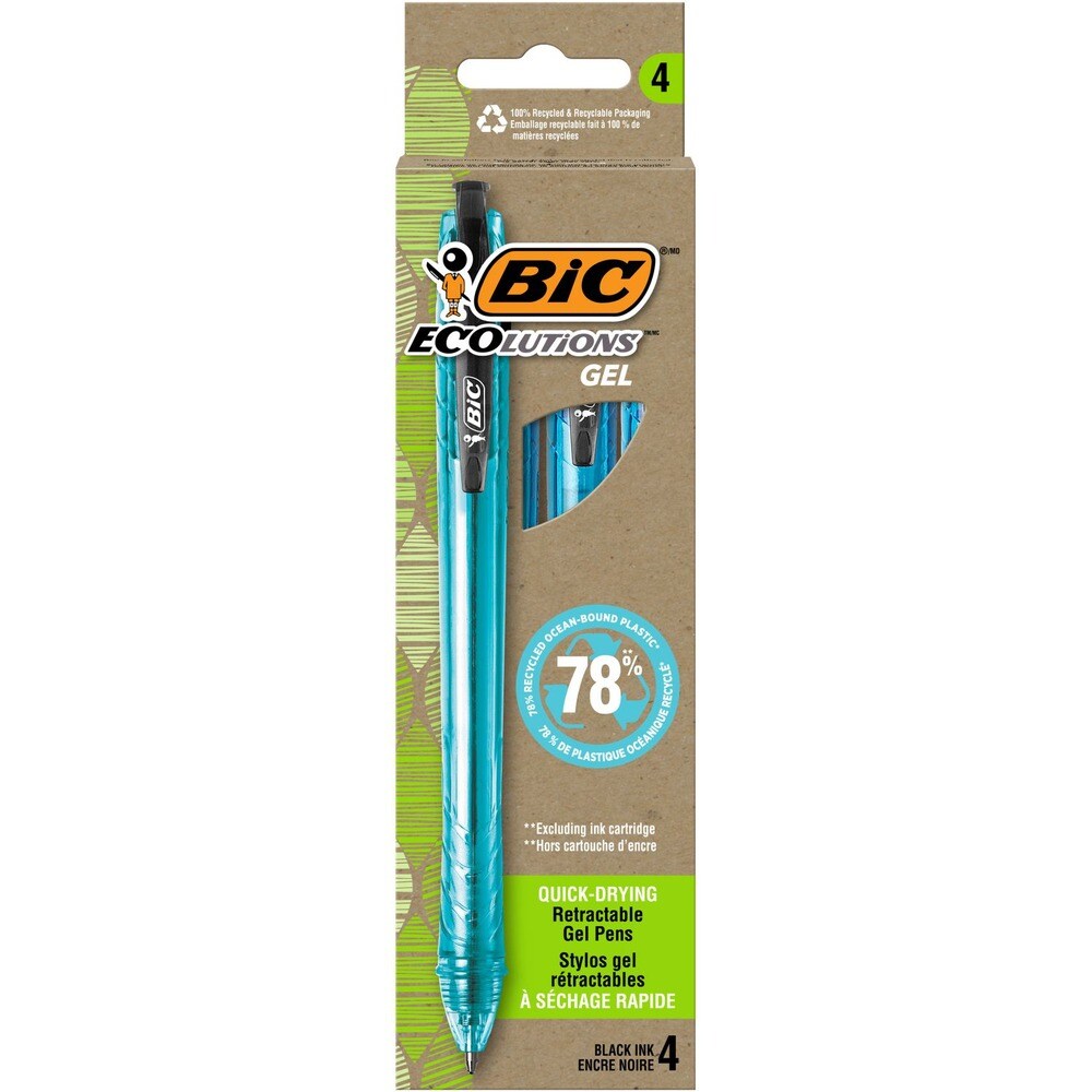 BIC Ecolutions Medium 1 mm Gel Pen - Black Ink/Blue Barrel (4/Pack)
