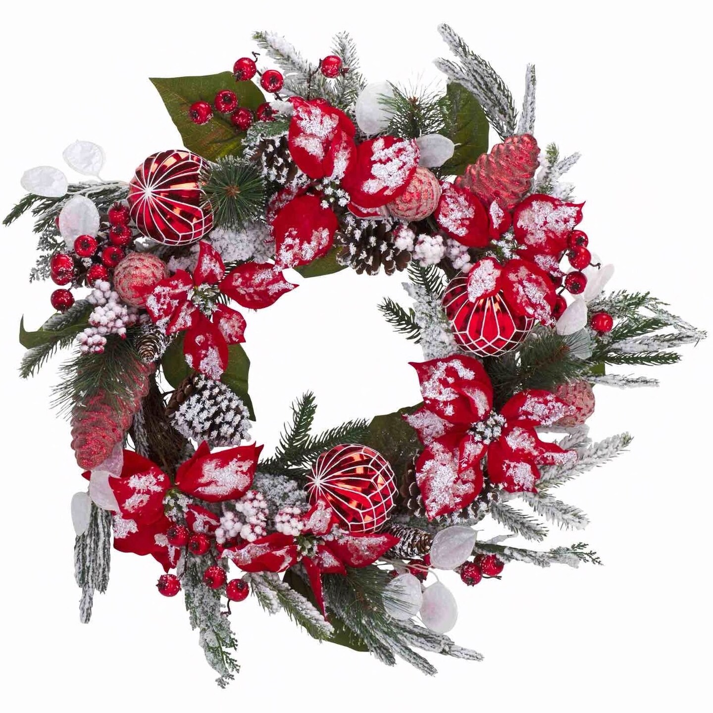 Faux 28" Snowy Green Needle Pine Wreath W/Red Poinsettas And Ornaments
