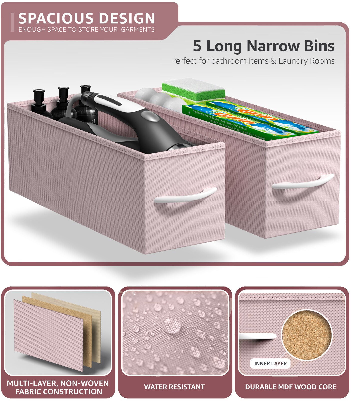 Sorbus Narrow Dresser with 5 Drawers - Steel Frame, Wood Top & Easy Pull Fabric Bins