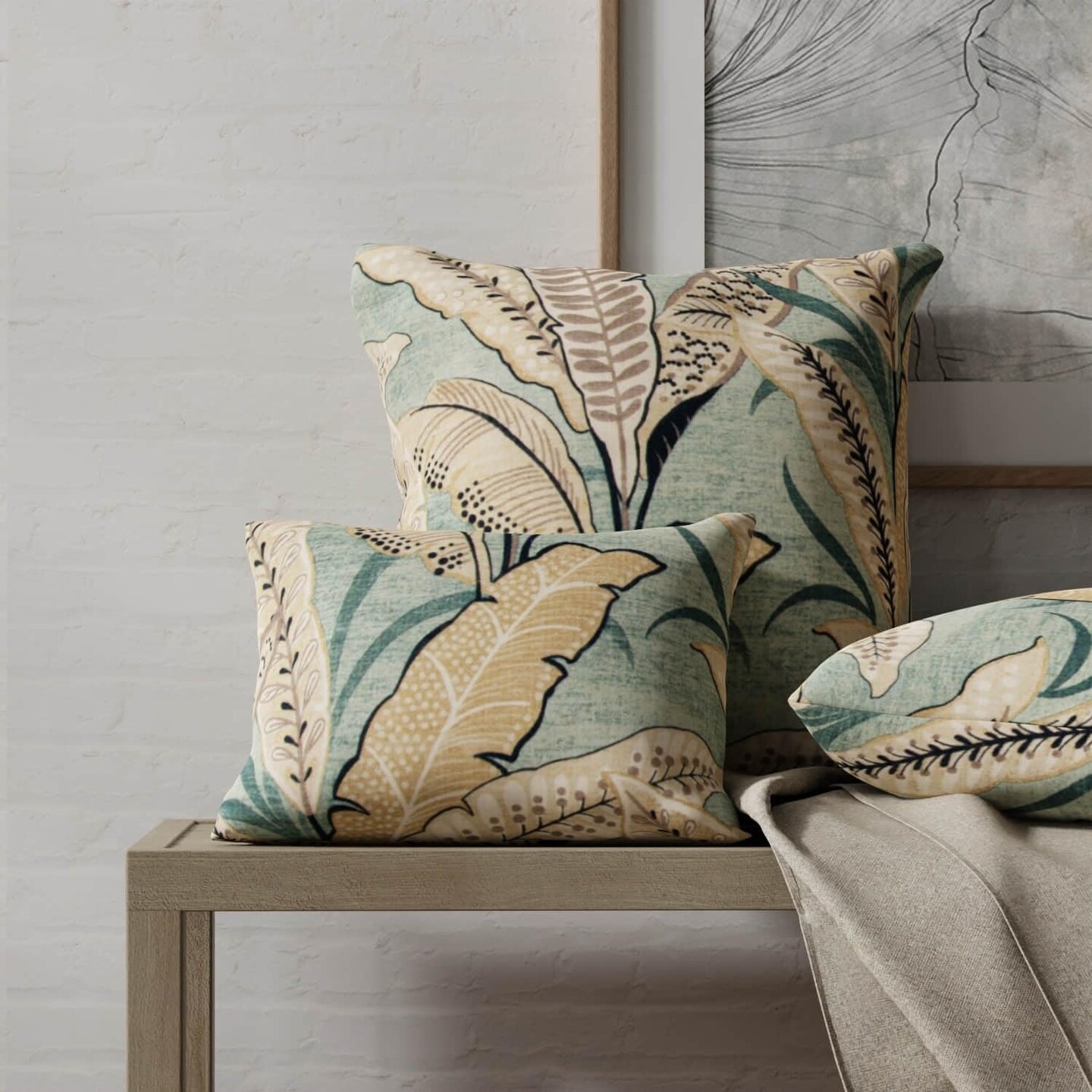 Aqua Stain Resistant Performance Leaves Botanical Print Upholstery Fabric by The Yard - SKU: Berkley Aqua