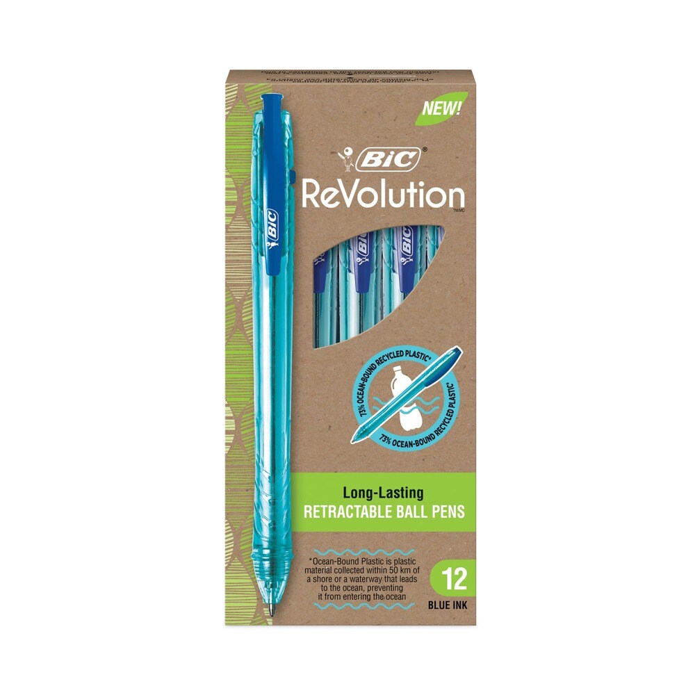 BIC ReVolution Ocean Bound Medium 1 mm. Retractable Ballpoint Pen - Blue Ink/Translucent Blue Barrel (1-Dozen)