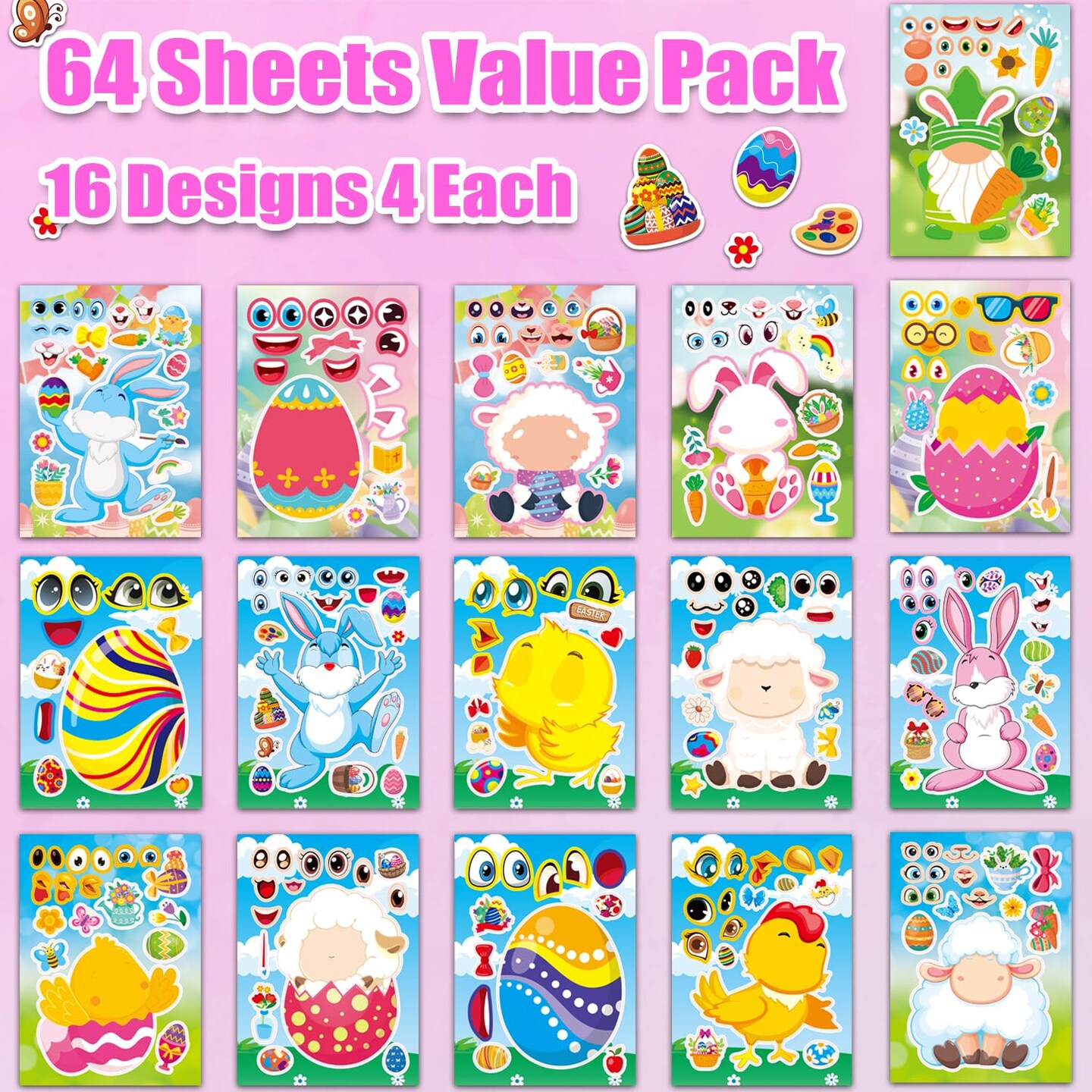 64 Sheets Easter Make a Face Stickers for Kids - 16 Cute Designs - Fun Party Favors, Crafts, Decorations & Basket Stuffers for Easter
