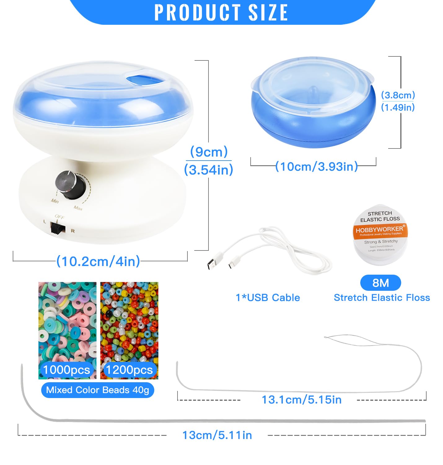 Electric Clay Bead Spinner Kit with 3pcs Bead Trays 2pcs Bead Spinner Needles, 1000pcs Clay Beads and 1300pcs Seed Beads 8m Elastic Cord for Bracelet Necklace Jewelry Making (Patented)