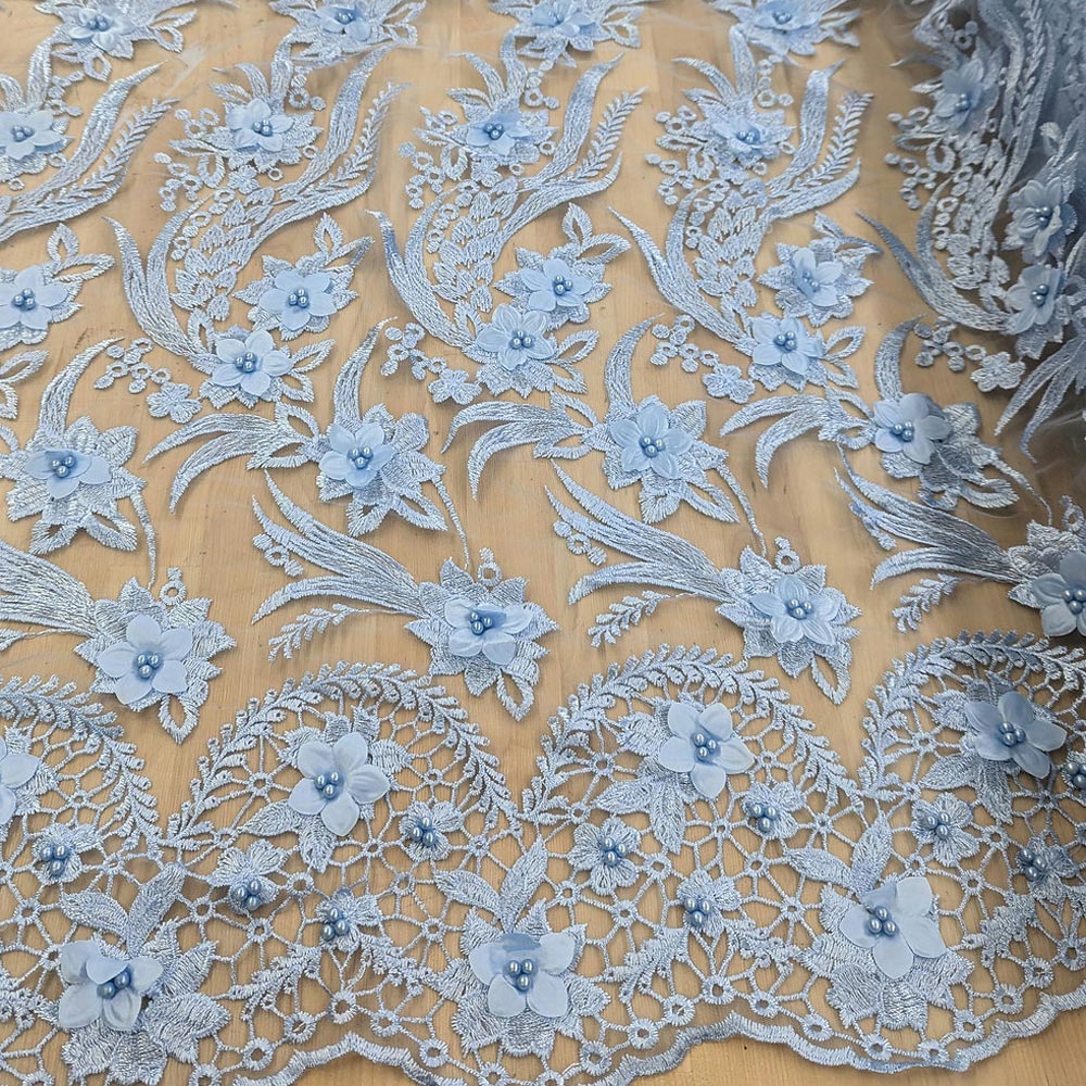 1 Yard 3D Embroidered 100% Polyester Flower Lace Mesh Fabric With Pearls 54/55 Inch Width