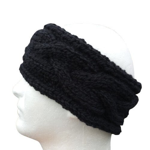 Women\'s Alpaca Headband Ear Warmer Handmade Knit Black Celtic Irish Aran Cabled Women main image 4
