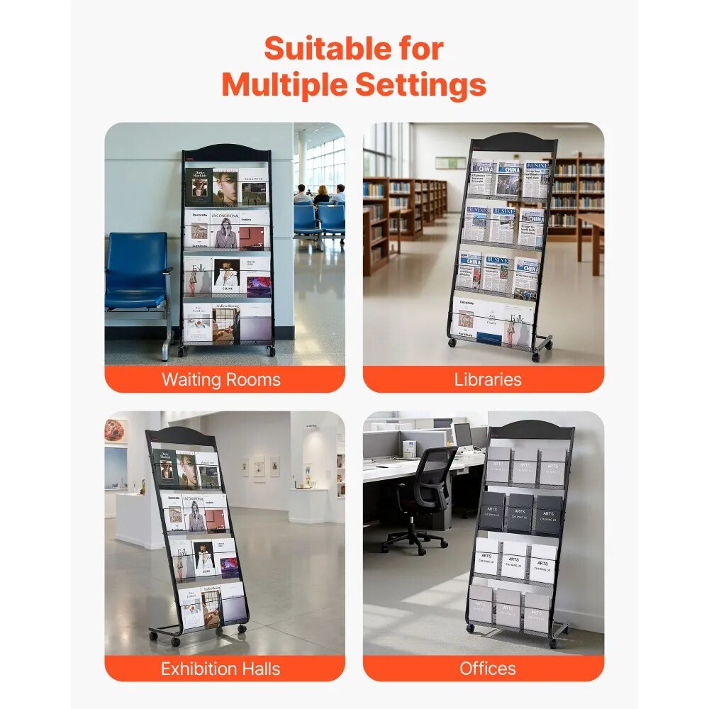 4-Tier Magazine & Brochure Display Stand with Wheels Heavy Duty Floor Rack for Catalogs Papers