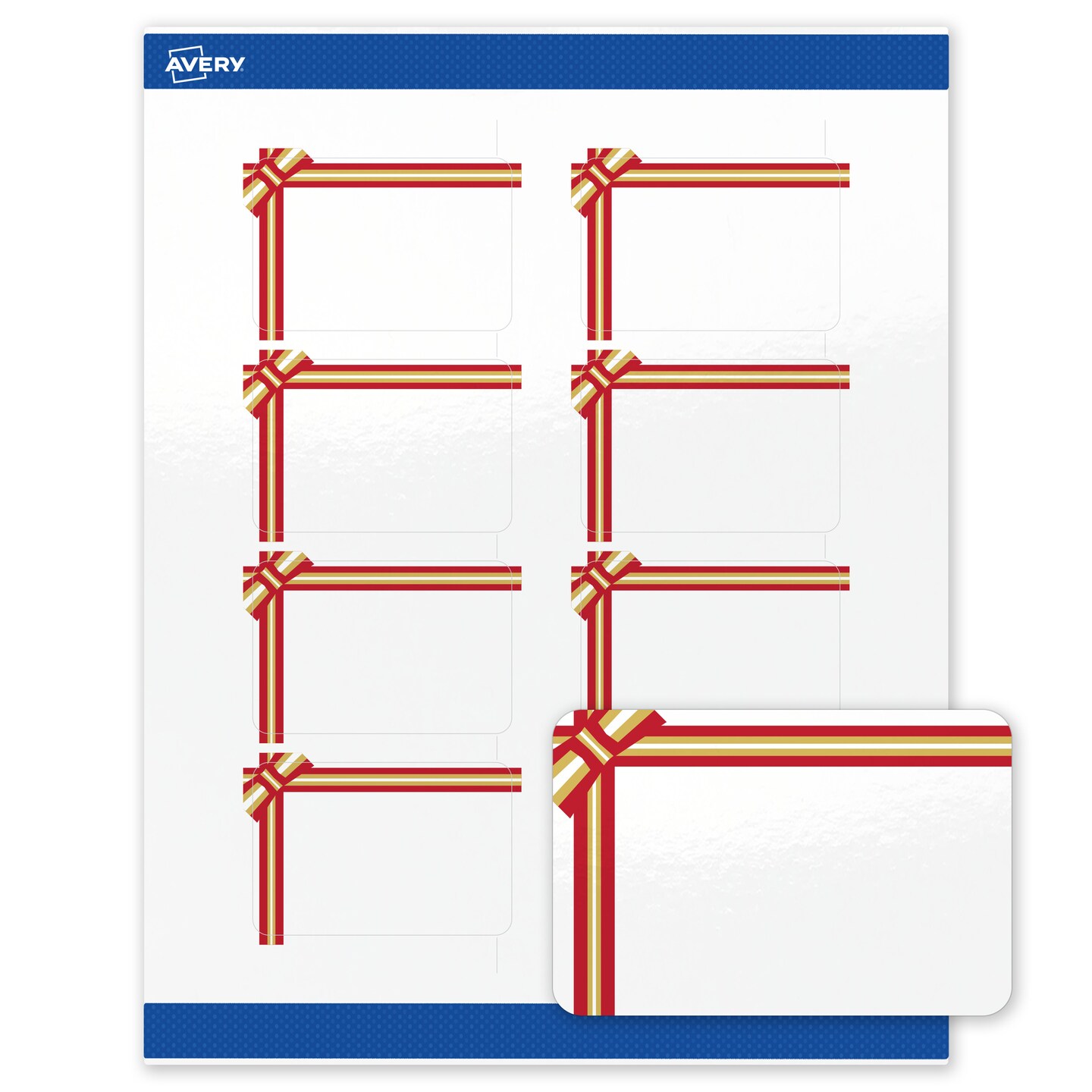 Avery Printable Labels with Sure Feed Technology, Rectangle, 2" x 3", Pre-Printed Red & Metallic Gold Gift Bow Design, Glossy White, Laser & Inkjet Compatible, 80 Total