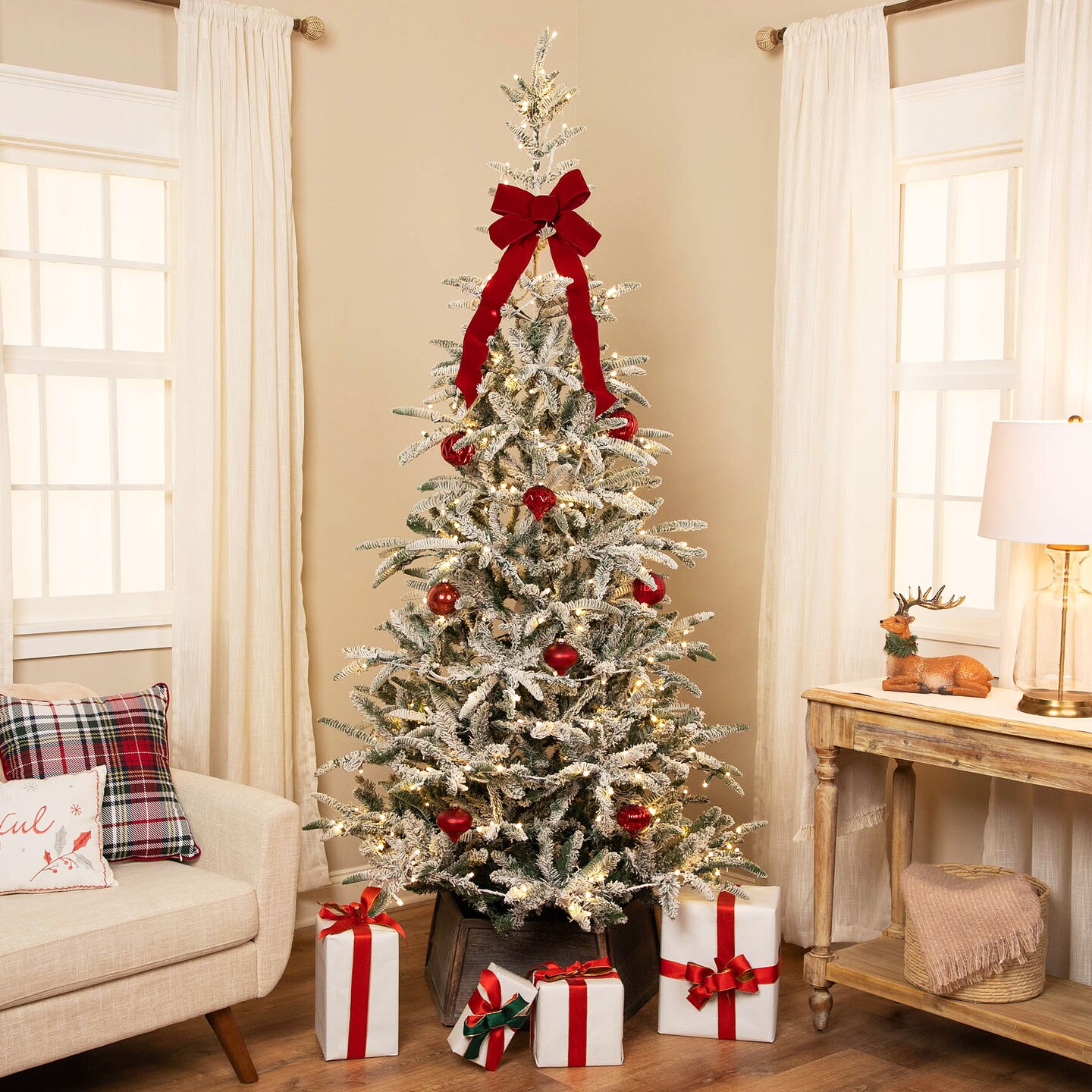 Northlight Real Touch™️ Pre-Lit Slim Flocked Nordmann Fir Artificial Christmas Tree - 6.5' - Warm Clear LED Lights