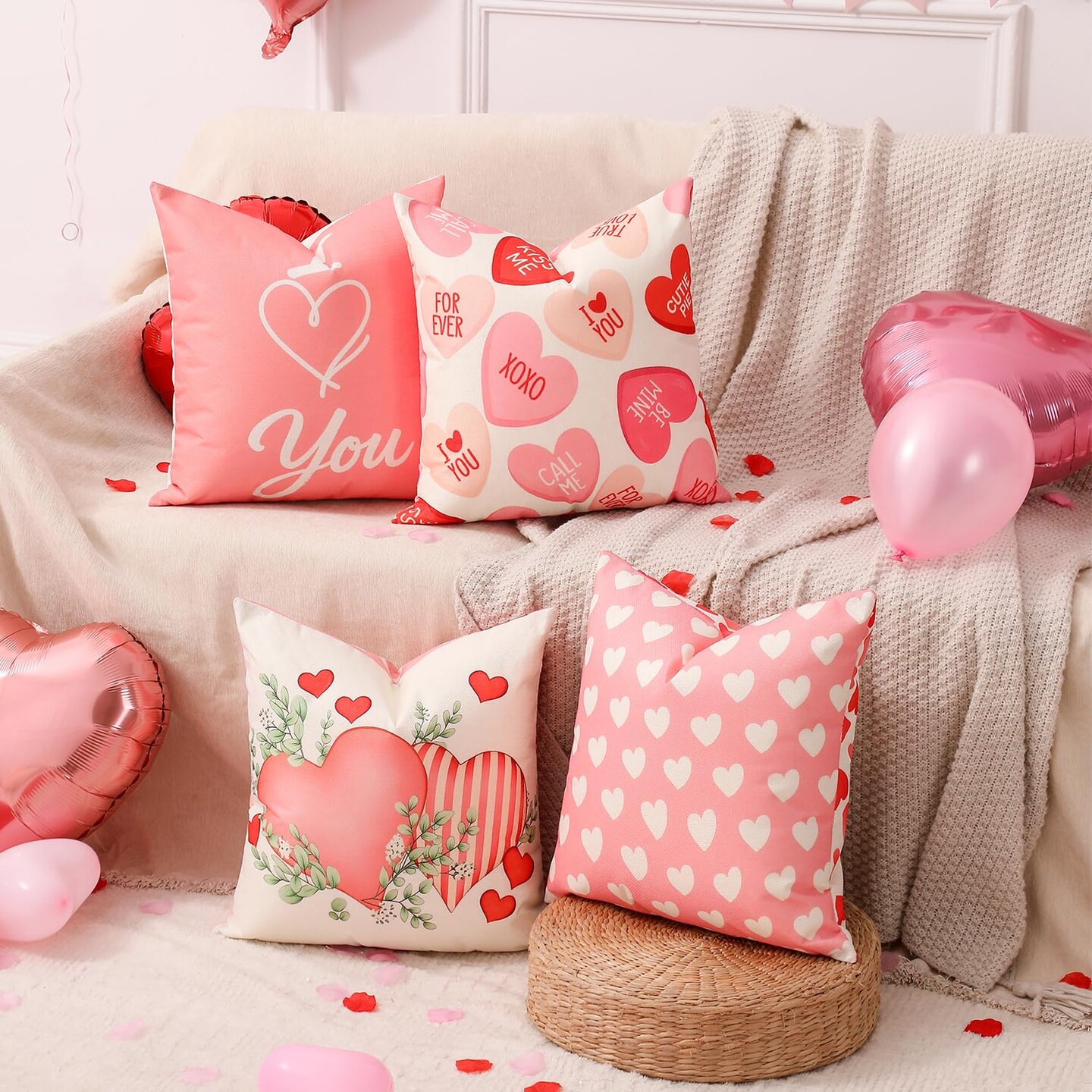 Valentine Decorations Set of 4 Double-Sided Valentine's Day Throw Pillow Covers 18" x 18", Reversible 8 Designs, with 16 pcs Heart & Love Balloons, Stickers, Complete Valentines Decor Kit