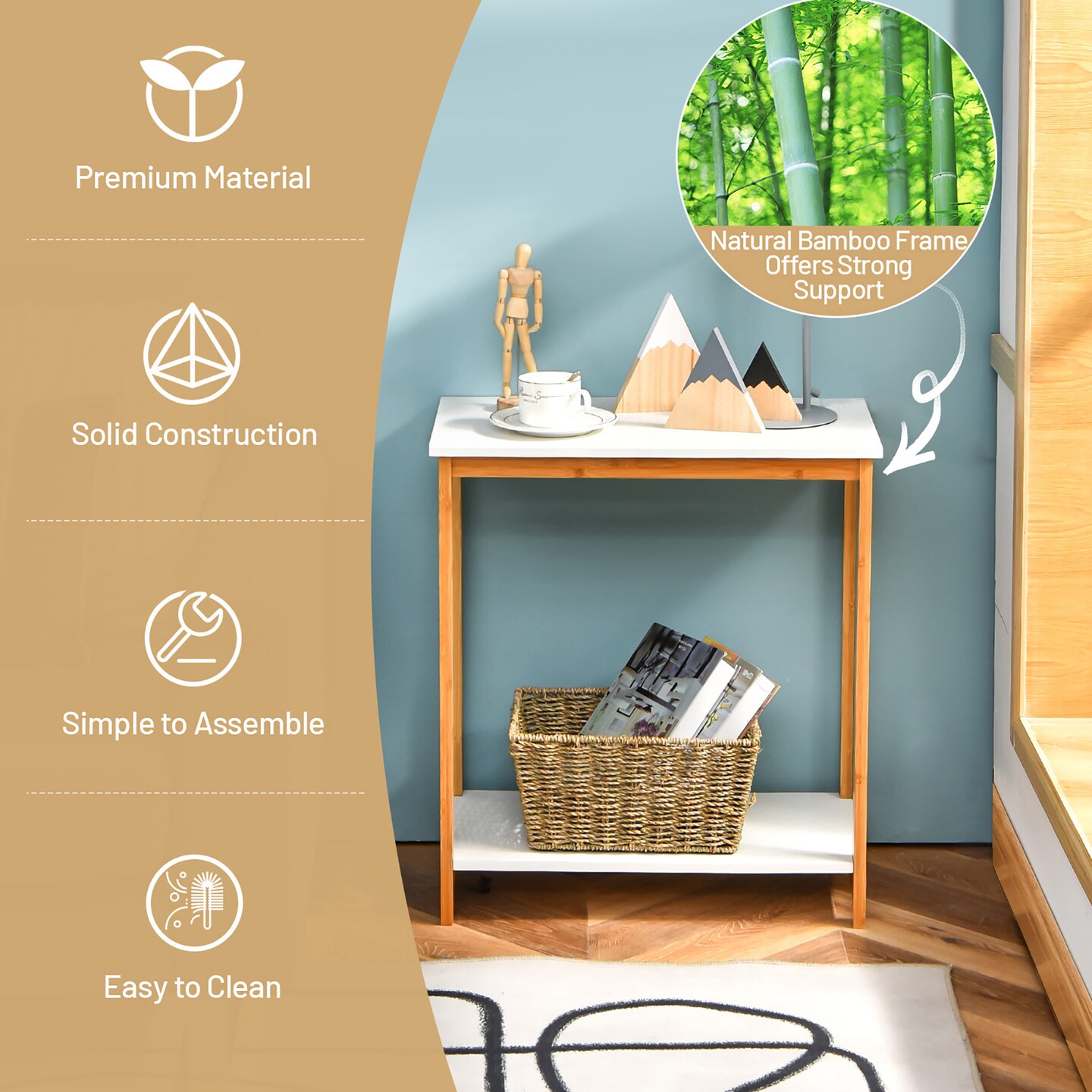 Costway 23'' Height 2-tier Side End Table with Bamboo Frame Modern Compact Nightstand