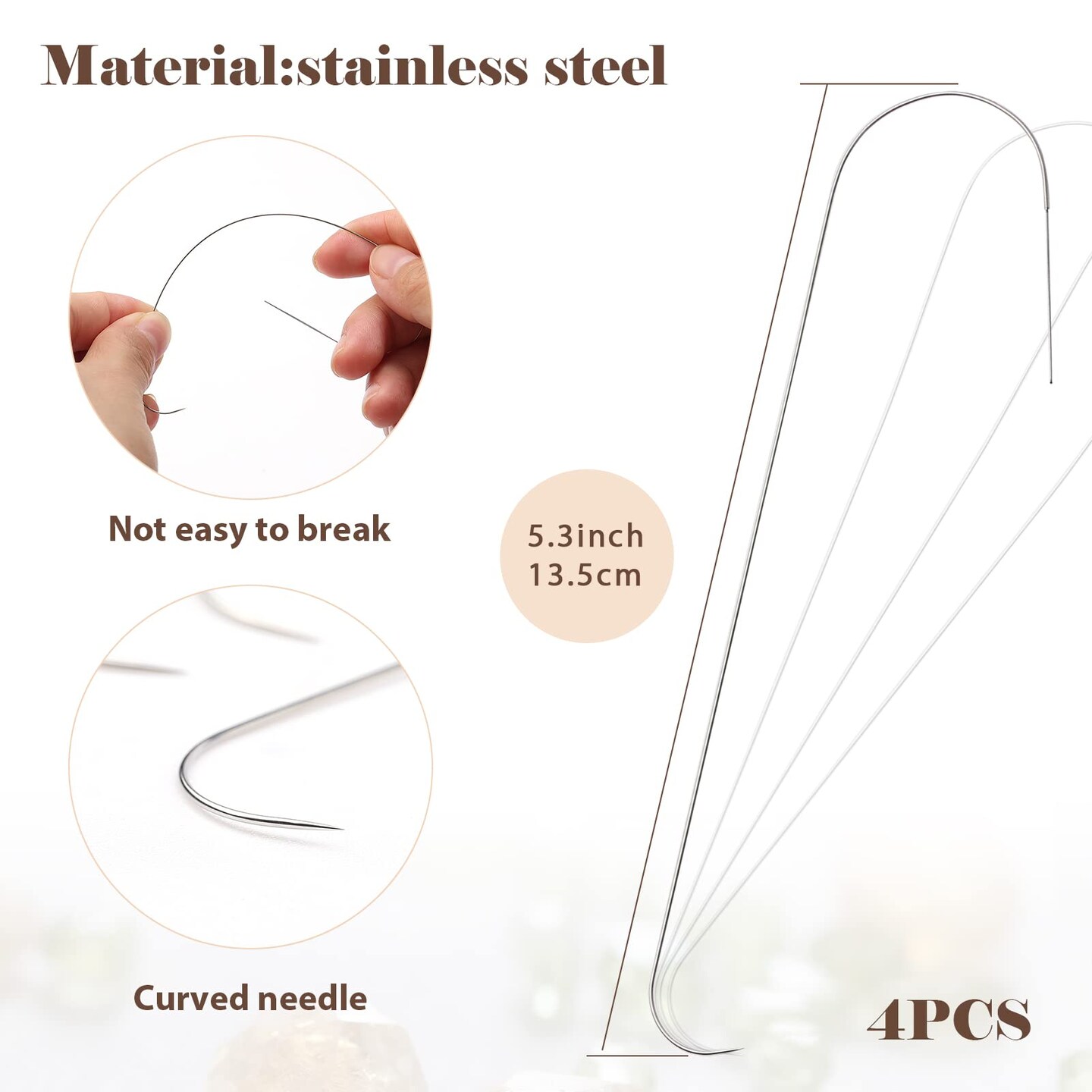 4 Pieces Large Eye Curved Beading Needles with Handle, 5.3 inch Stainless Bead Needle for Bead Spinner Loader, Bead Spinner Needles for String Seed Beads Jewelry Making (Patent Protection)
