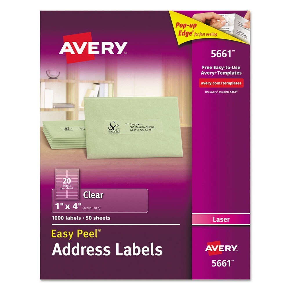 Avery 1 in. x 4 in. Matte Clear Easy Peel Mailing Labels with Sure Feed Technology for Laser Printers - Clear (20/Sheet, 50 Sheets/Box)