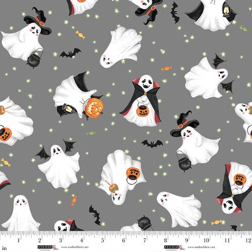 Fabric Studio E Gray Festive Ghosts Paranormal Parade by the Quarter Yard 8318-90