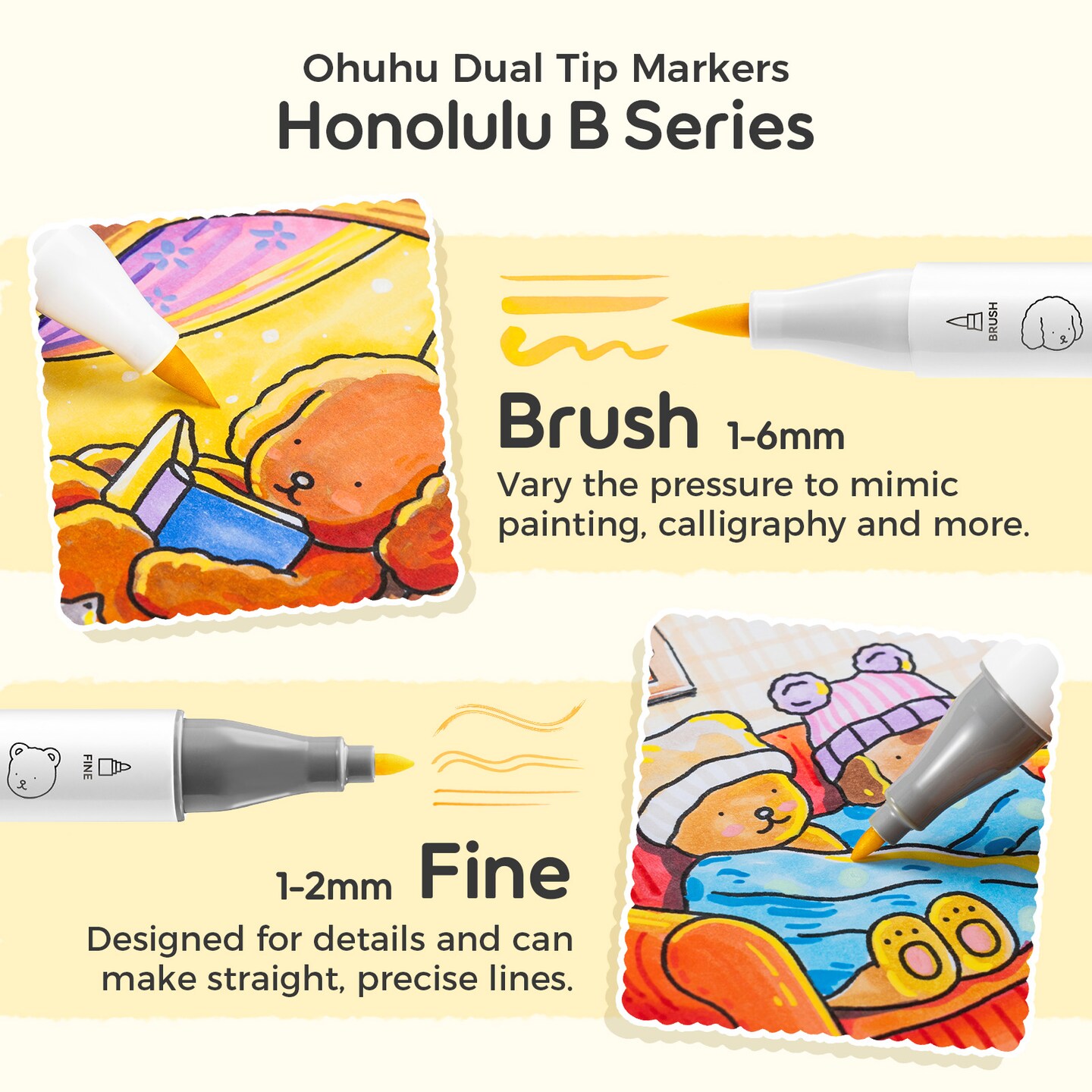 Ohuhu & Bobbie Goods Alcohol Markers, Co-branded 48-color Brush & Fine Alcohol Markers for Adult Artist Beginner Coloring Drawing Sketching Illustration, Honolulu B