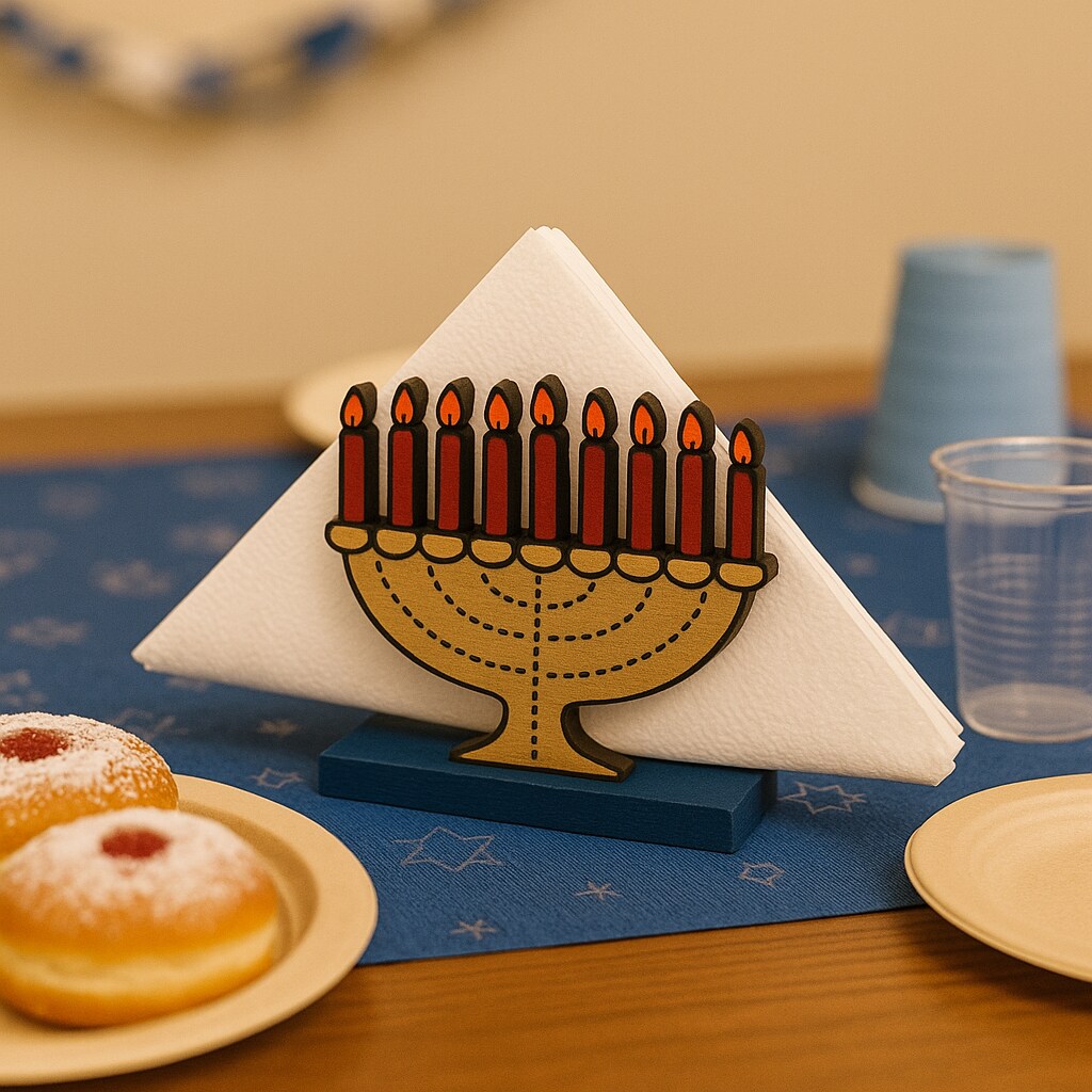 Wooden Menorah Napkin Holder – Hanukkah Table Decor & Judaica Holiday Accessory, 4" x 4"