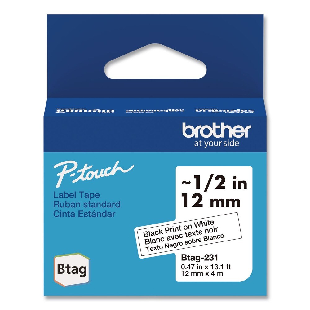 Brother P-Touch 0.47 in. x 13.1 ft. Genuine P-Touch BTAG Label Tapes - Black on White