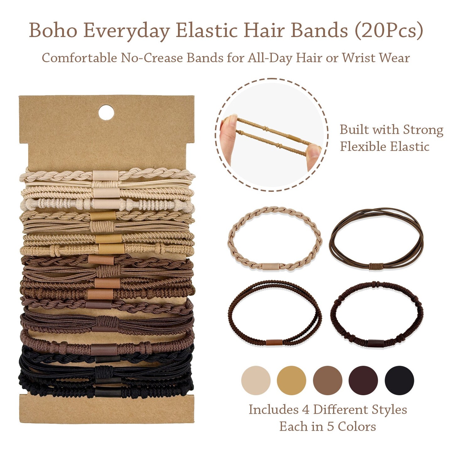Wrapables Boho Hair Tie Bracelets for Women, No Damage Elastic Hair Bands, Hair Accessories for Thick and Thin Ponytails (20pcs), Neutral