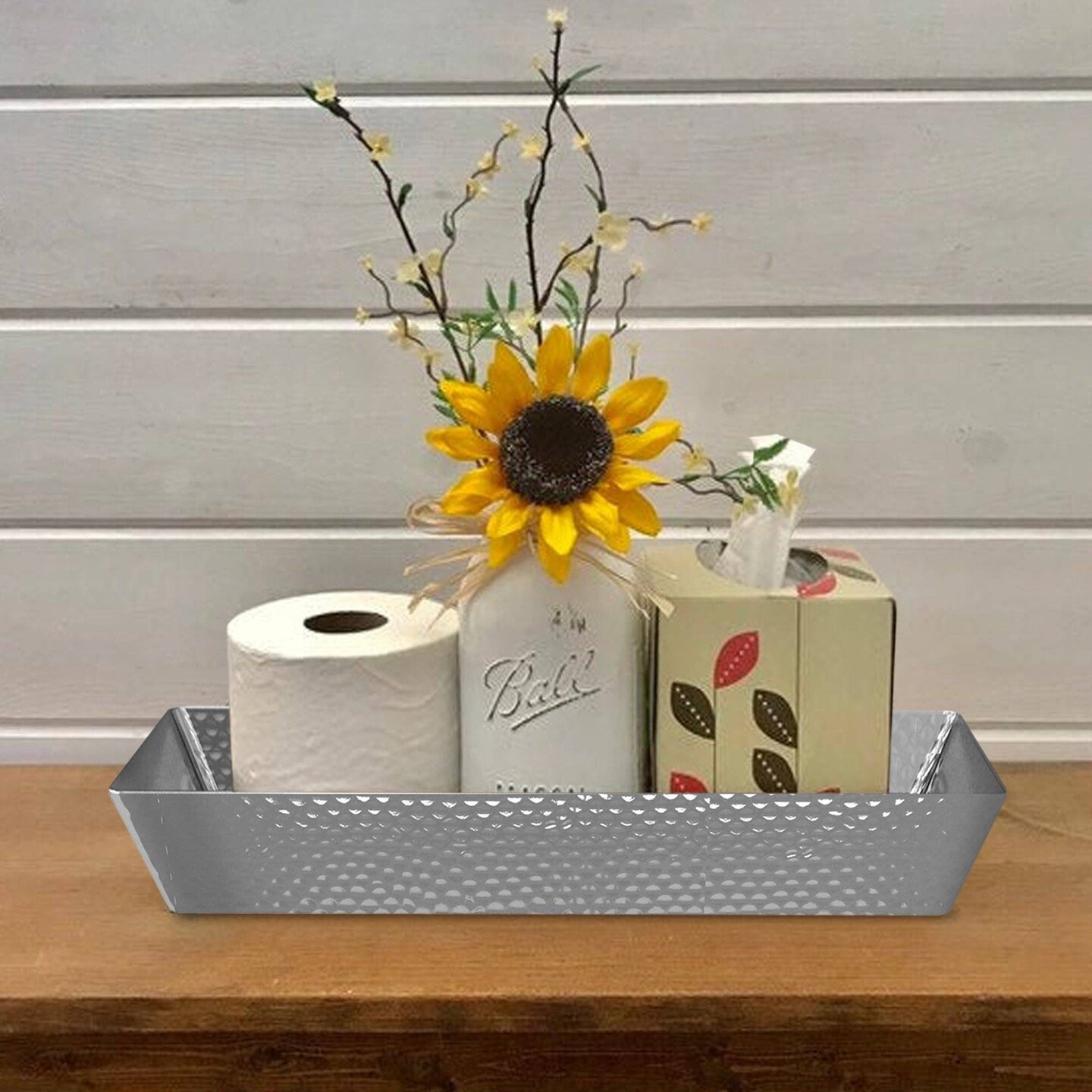 Hammered Stainless Steel Vanity Toilet Tank Tray | Shiny Gold Finish | Modern Bathroom Accessory | Elegant & Durable Organizer