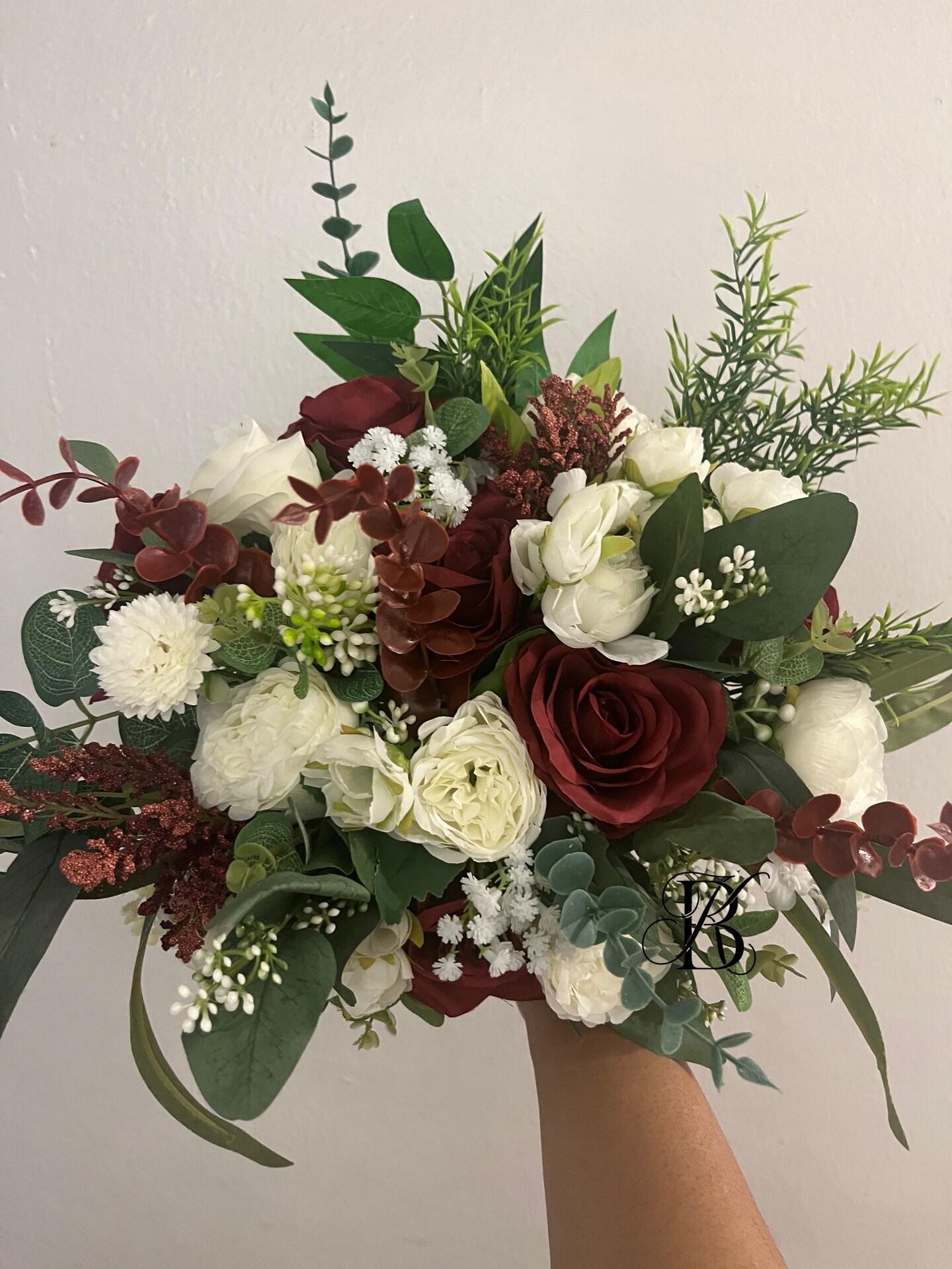 Burgundy Ivory Wedding Bouquet Artificial Rustic Bridal Flowers Burgundy Ivory Wedding Bouquet Artificial Rustic Bridal Flowers