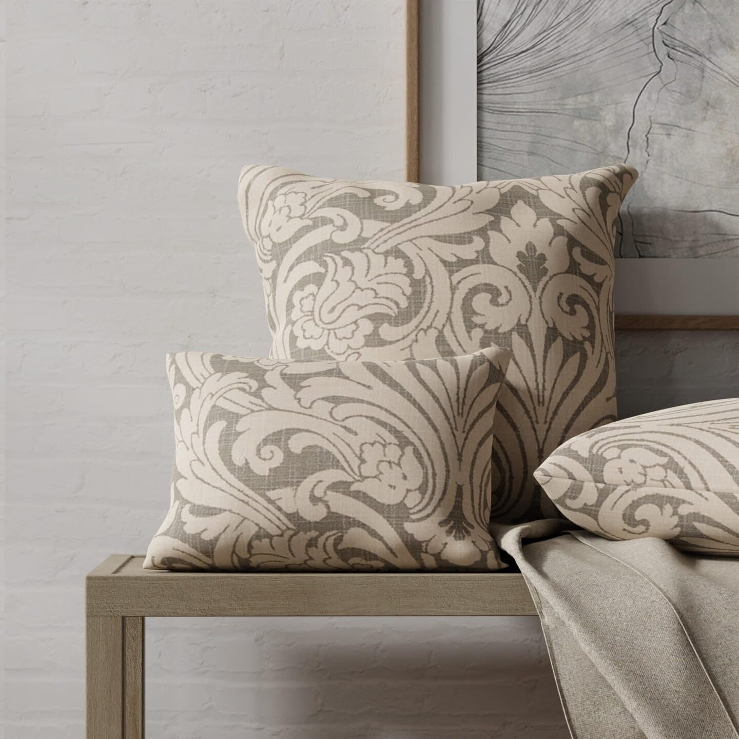 Grey Damask Linen Look Print Upholstery Fabric by The Yard - SKU: Windsor Stone