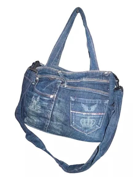 Royal Crown Castle 4492 Upcycled Denim Jean Bag Purse 12 x 11