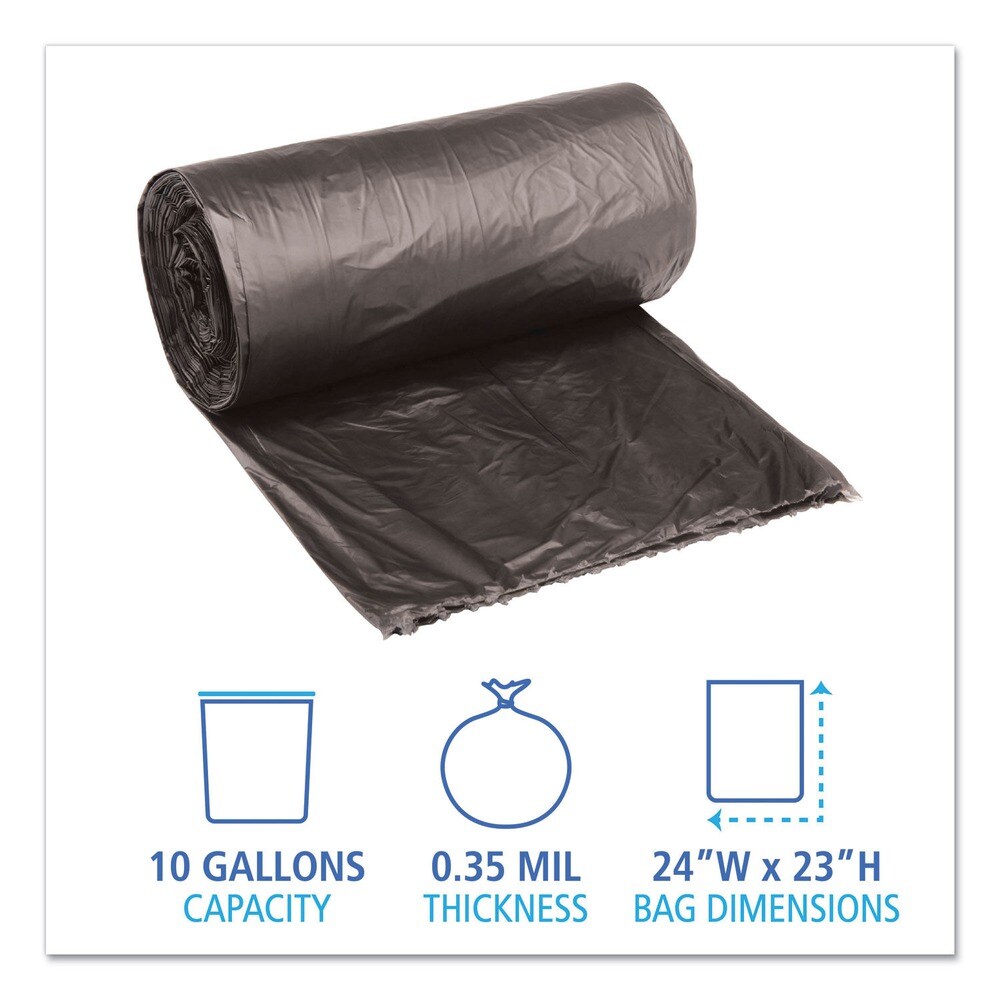 Boardwalk 10 Gallon 0.35 mil 24 in. x 23 in. Perforated Roll Low-Density Waste Can Liners - Black (50 Bags/Roll, 10 Rolls/Carton)