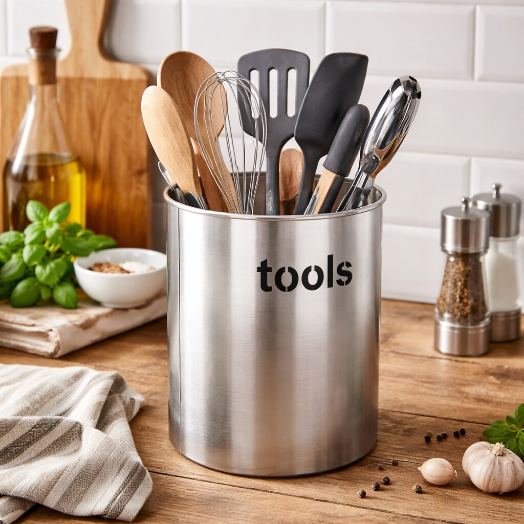 Utensils Holder, Brushed Stainless Steel | 7.5'' H x 7.5'' W x 7.5'' D | Durable & Stylish Storage