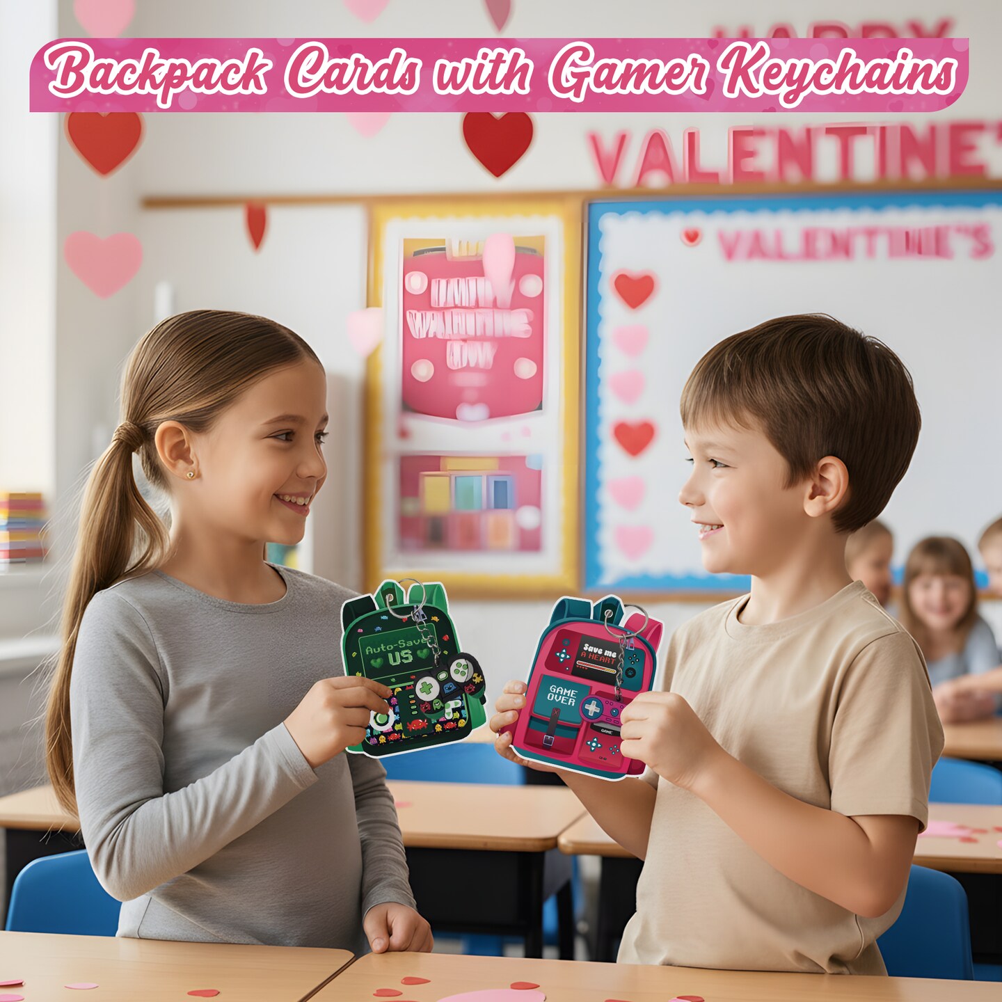 4E’s Novelty 30 Pack Video Game Valentines Cards with Gamer Keychain Valentines for Kids Classroom