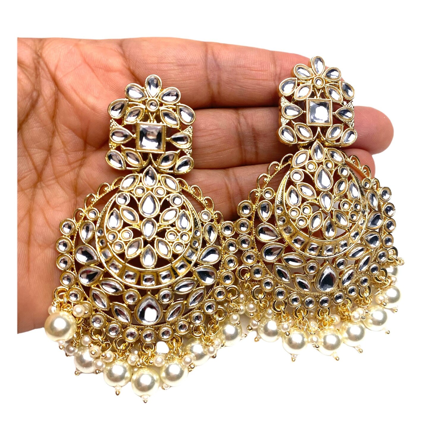 Indian Jhumka Earrings for Women - Indian Beaded Kundan Jhumka Ethnic Chandbali Earrings Faux Kundan & Pearl Beaded Bollywood Style Dangle Earring Jewelry for Bride | Birthday Gift for Her
