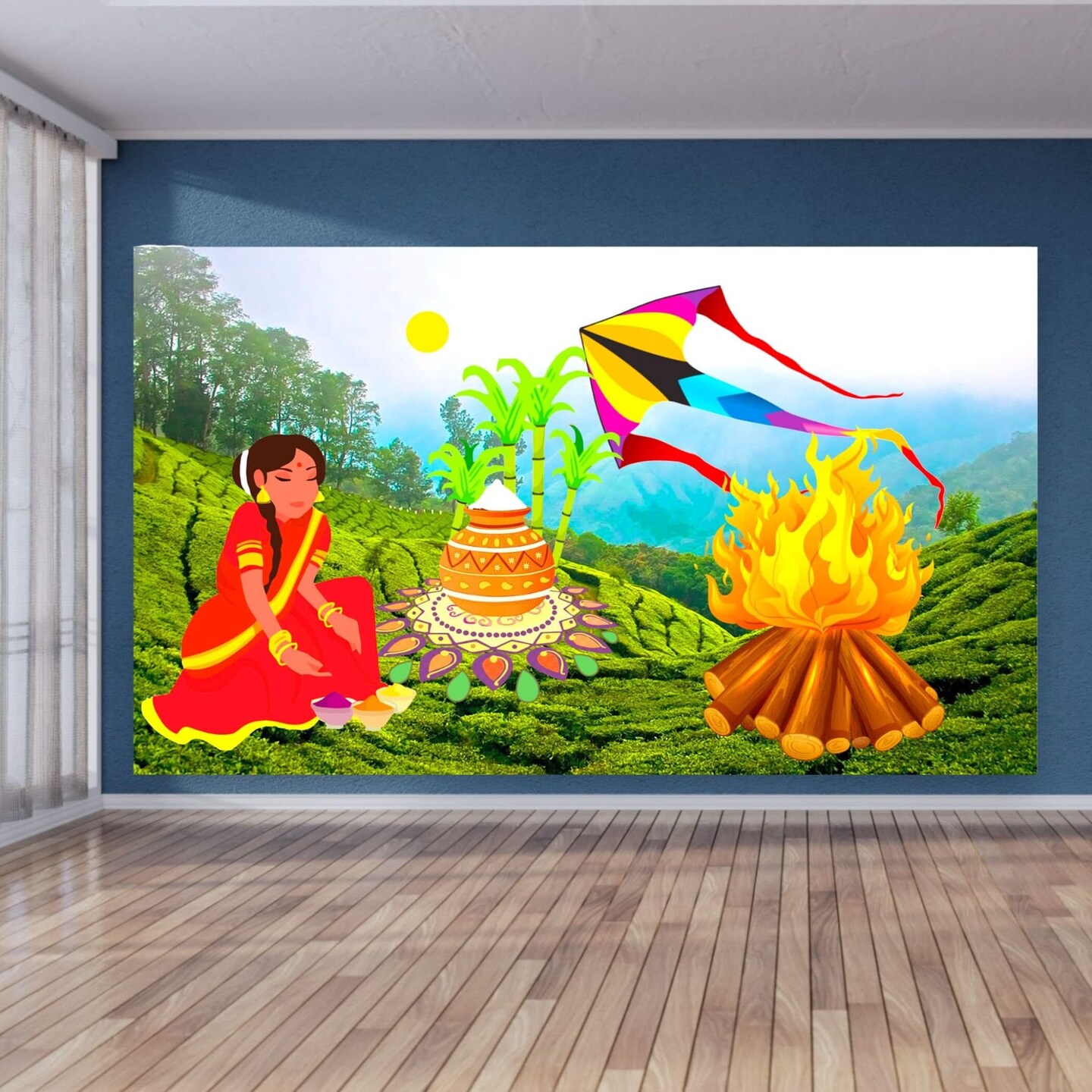 Happy Lohri Backdrop Banner - Indian Traditional Cloth 5x8 Feet Backdrop Pongal Backdrop Makar Sankranti Decor Wall Art Photo Decor Banner Indian Harvesting Festival Bonfire Photography