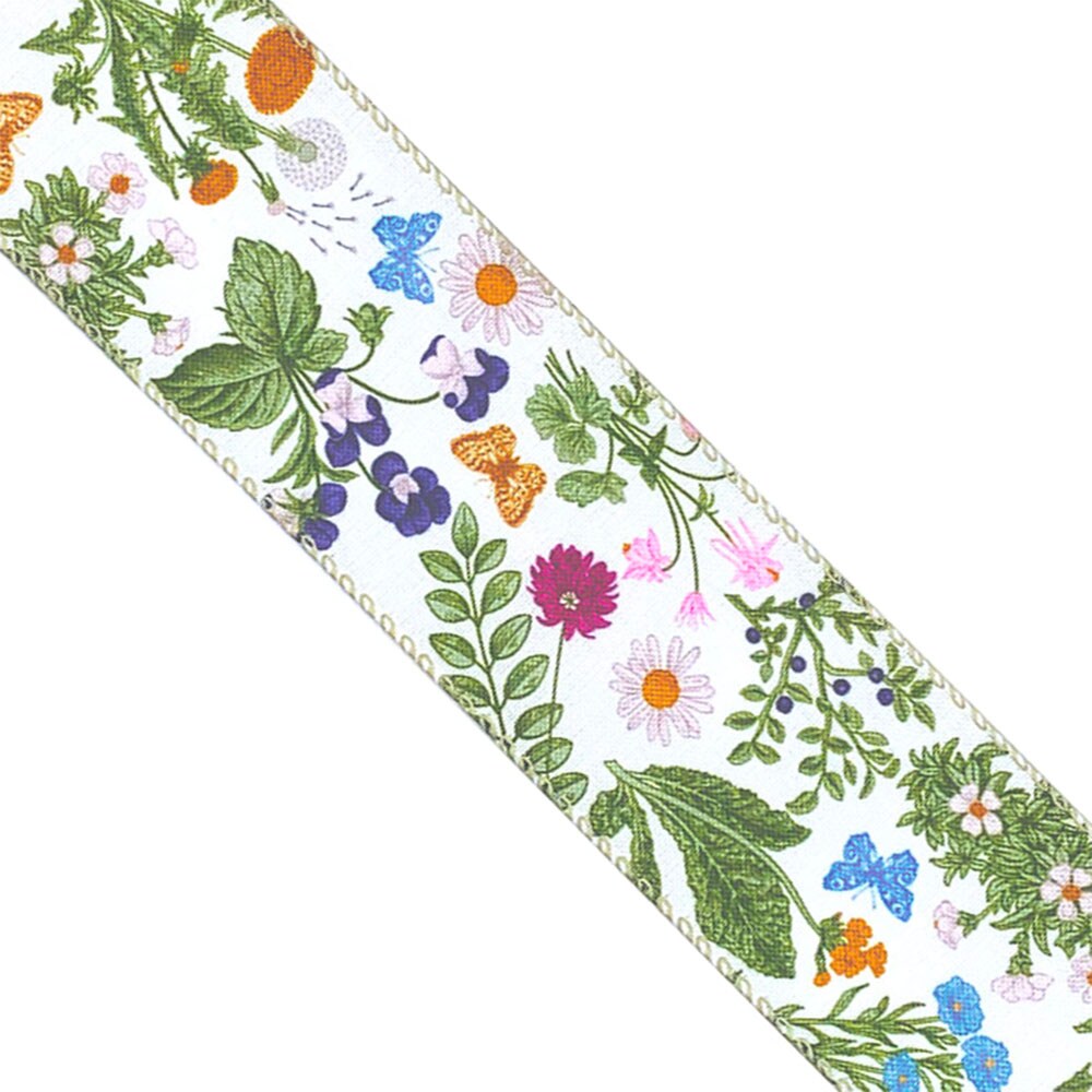 Designer’s Shop Botanical Wildflower Wired Ribbon 2.5 Inch x 10 Yards – Spring Floral & Butterfly Print on White Fabric WR 63-5231
