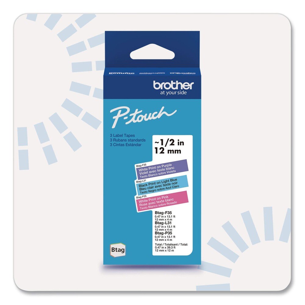 Brother P-Touch 0.47 in. x 13.1 ft. Genuine P-Touch BTAG Label Tapes - White on Purple, Black on Light Blue, White on Pink