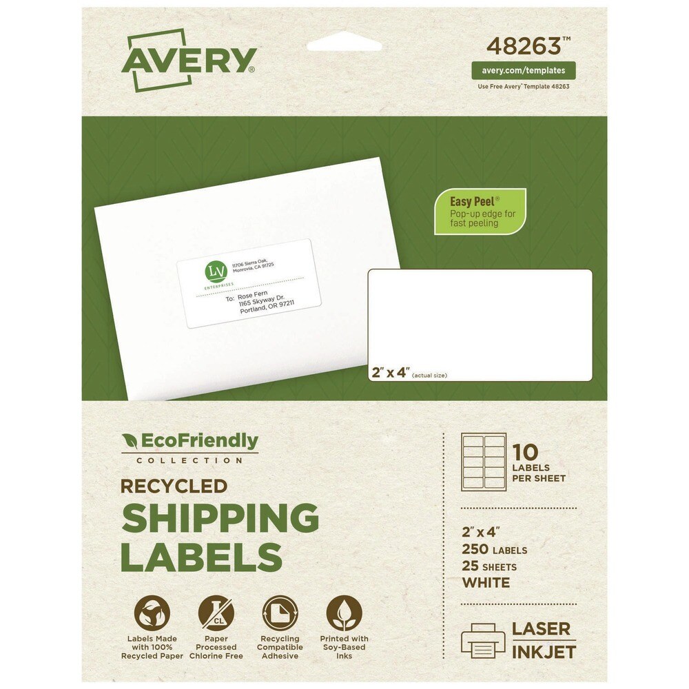 Avery 2 in. x 4 in. EcoFriendly Mailing Labels for Inkjet/Laser Printers - White (10/Sheet, 25 Sheets/Pack)