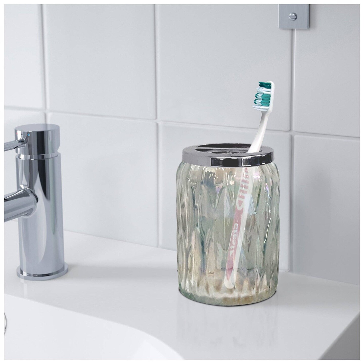 Glacier Toothbrush Holder | Compact Multi Slot Holder for Toothbrushes, Razors & Makeup Accessories | Glass Rainbow lustre Finish