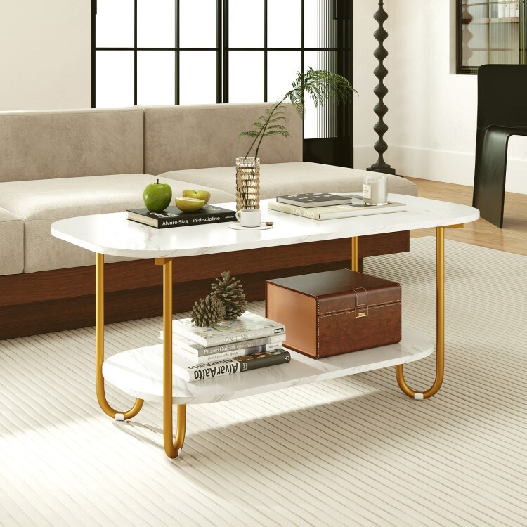 2-Tier Faux Marble Coffee Table Modern Design with Sturdy Metal Frame